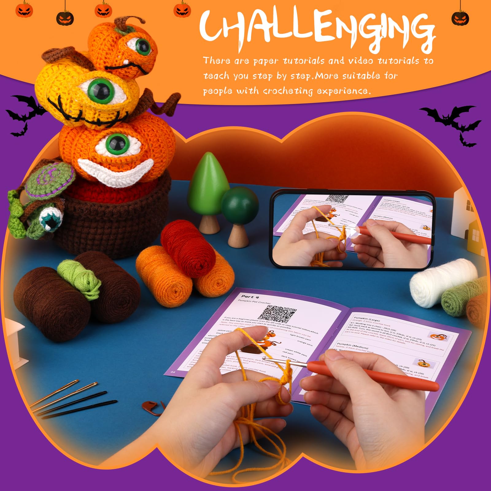 Kit de crochet pour débutants : citrouille en pot pour Halloween