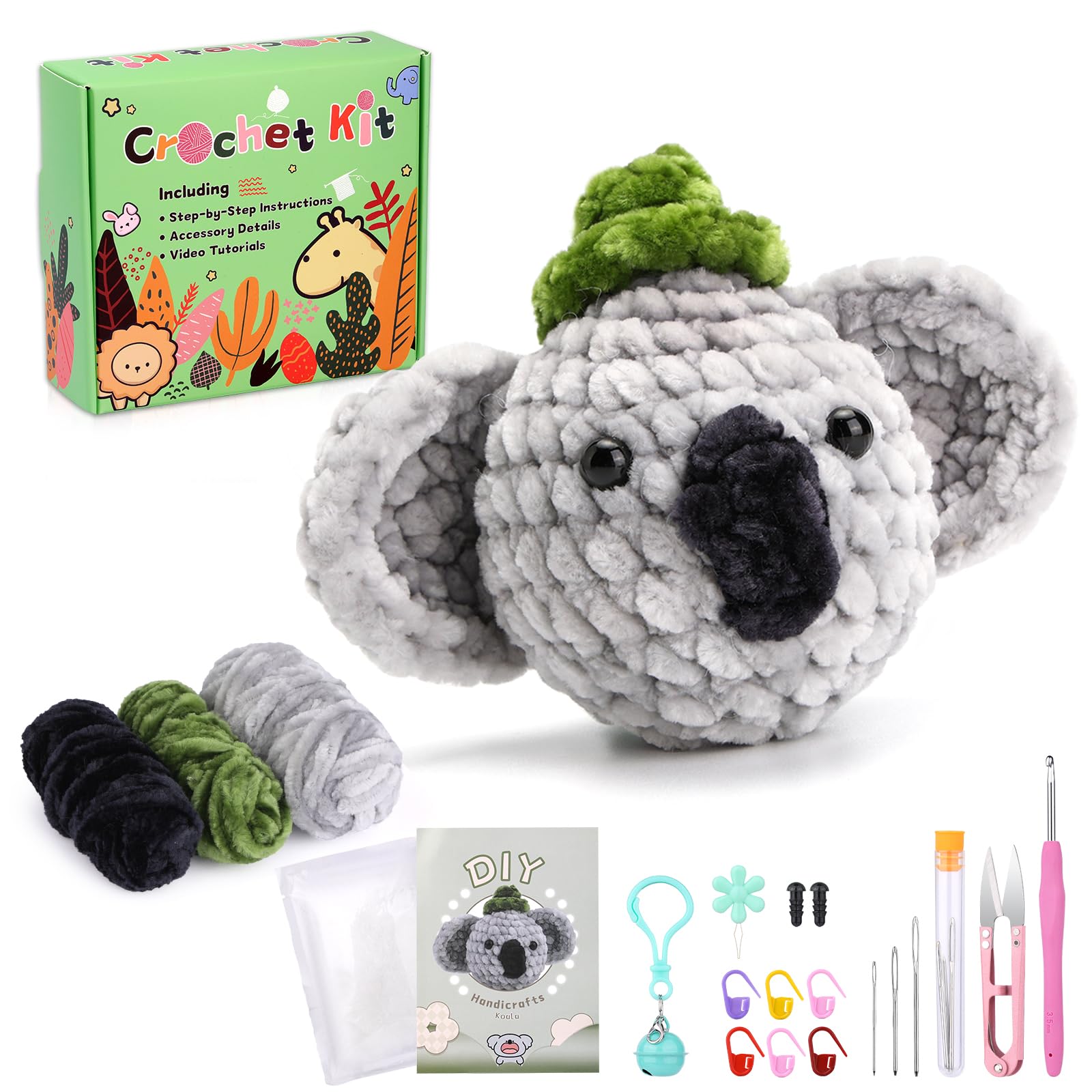 Kit de crochet Koala pour débutants, fil chenille 3 couleurs