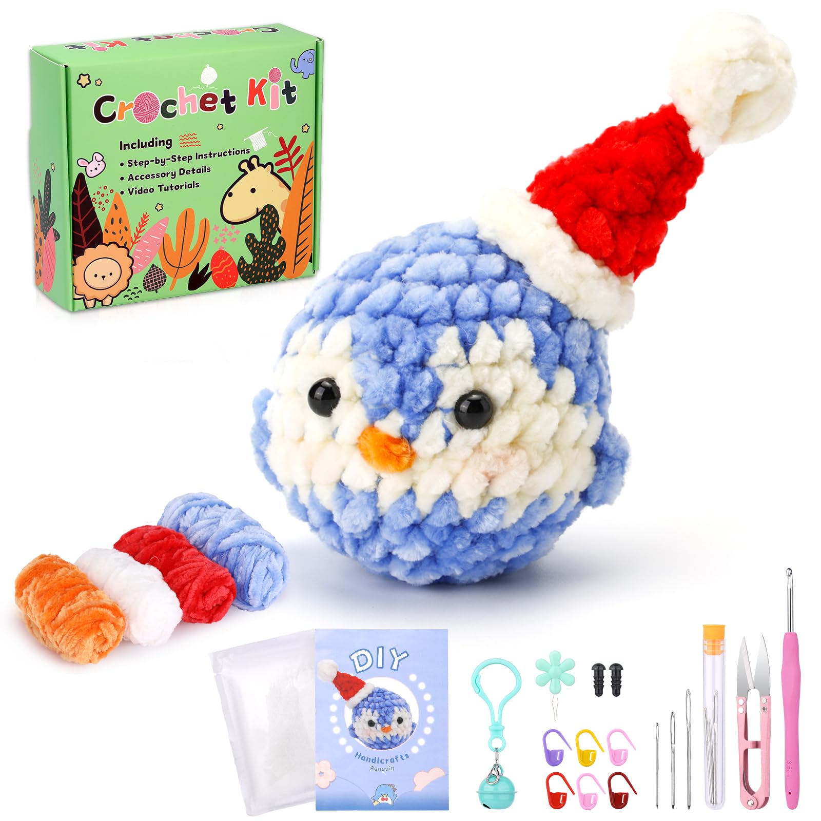 Kit de crochet pingouin pour débutants, fil chenille 3 couleurs