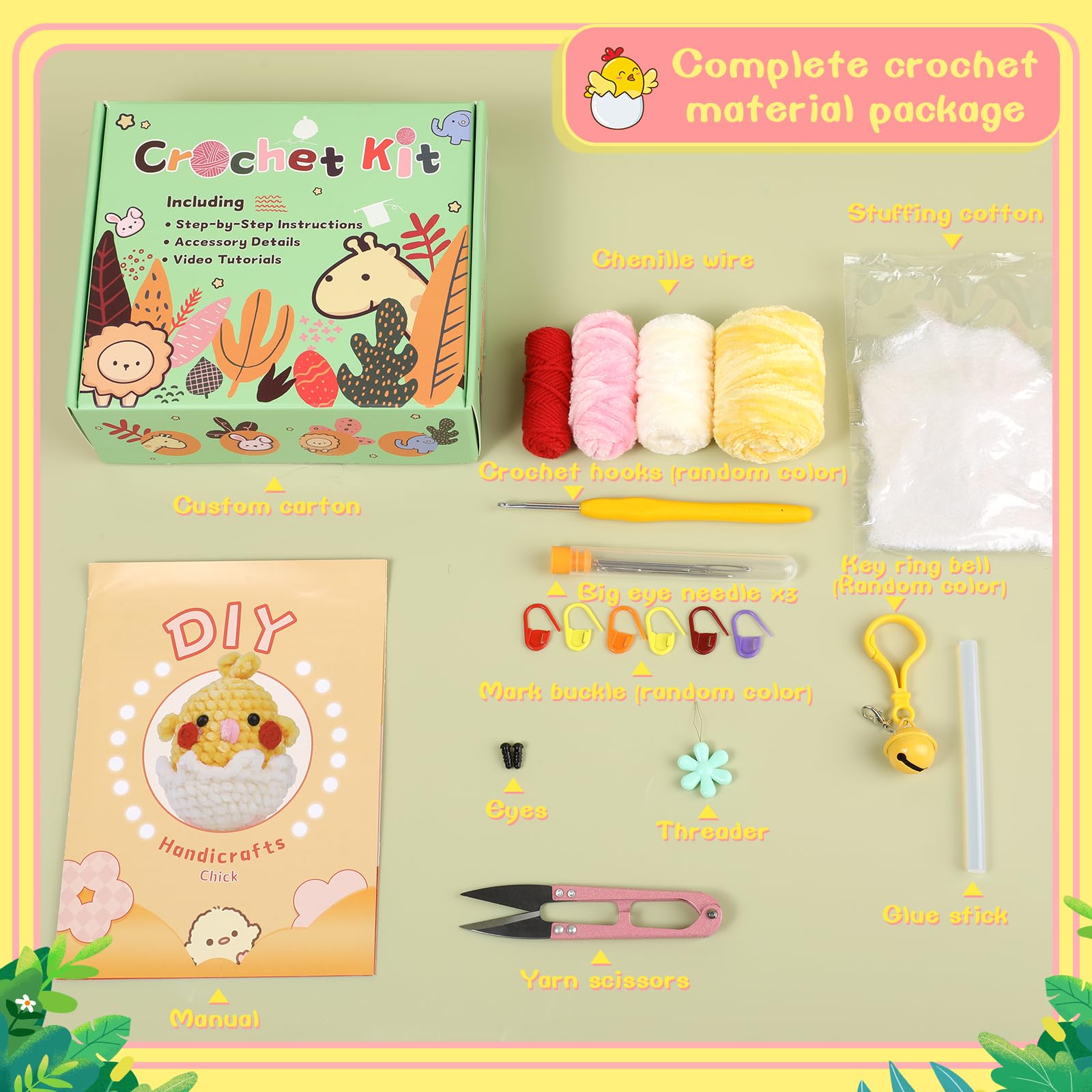 Kit de crochet poussin pour débutants, fil chenille 3 couleurs