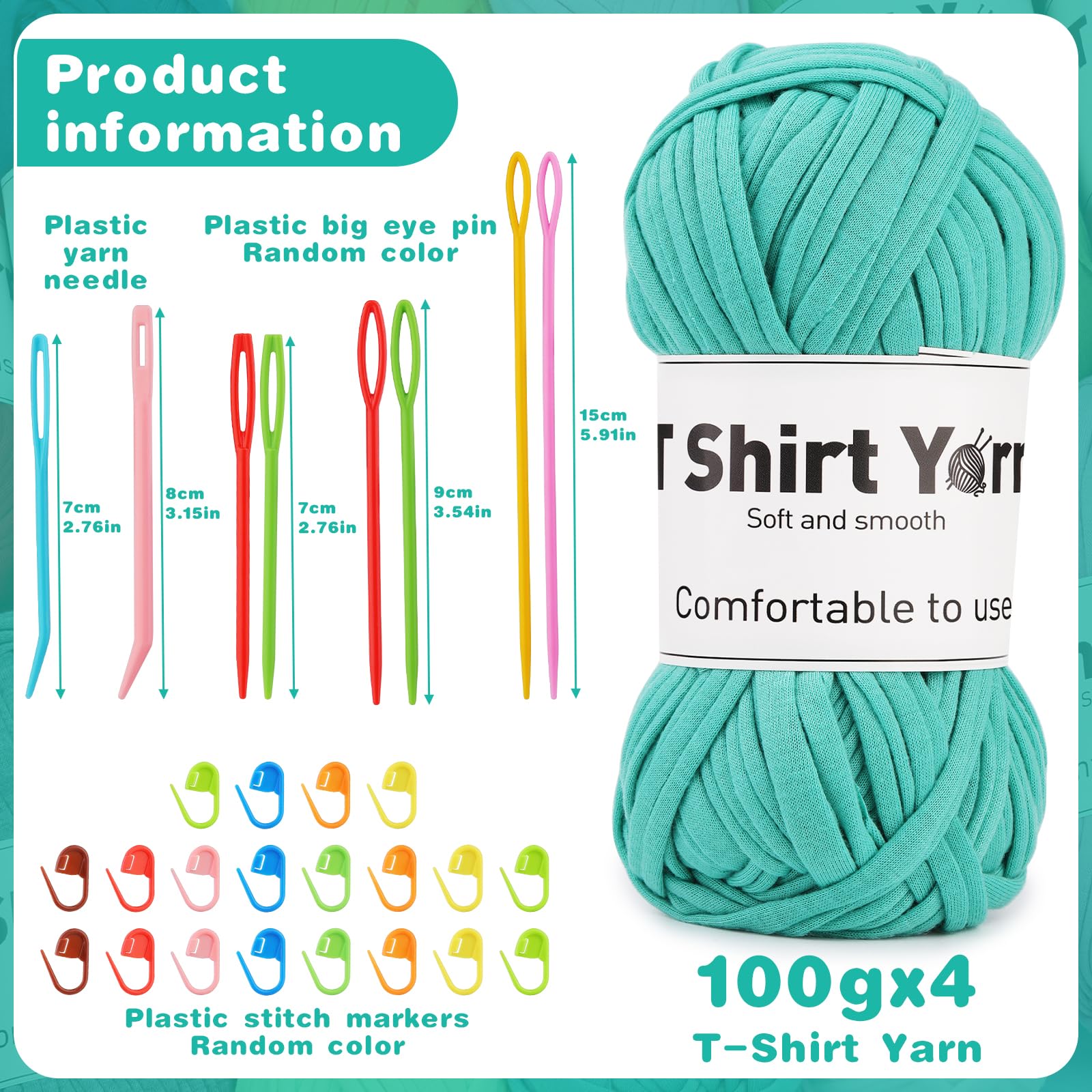 Lot de 4 pelotes de fil à crocheter pour t-shirts, 100 g de fil plat uni avec aiguilles à crocheter à chas en plastique tricoté - 12 couleurs