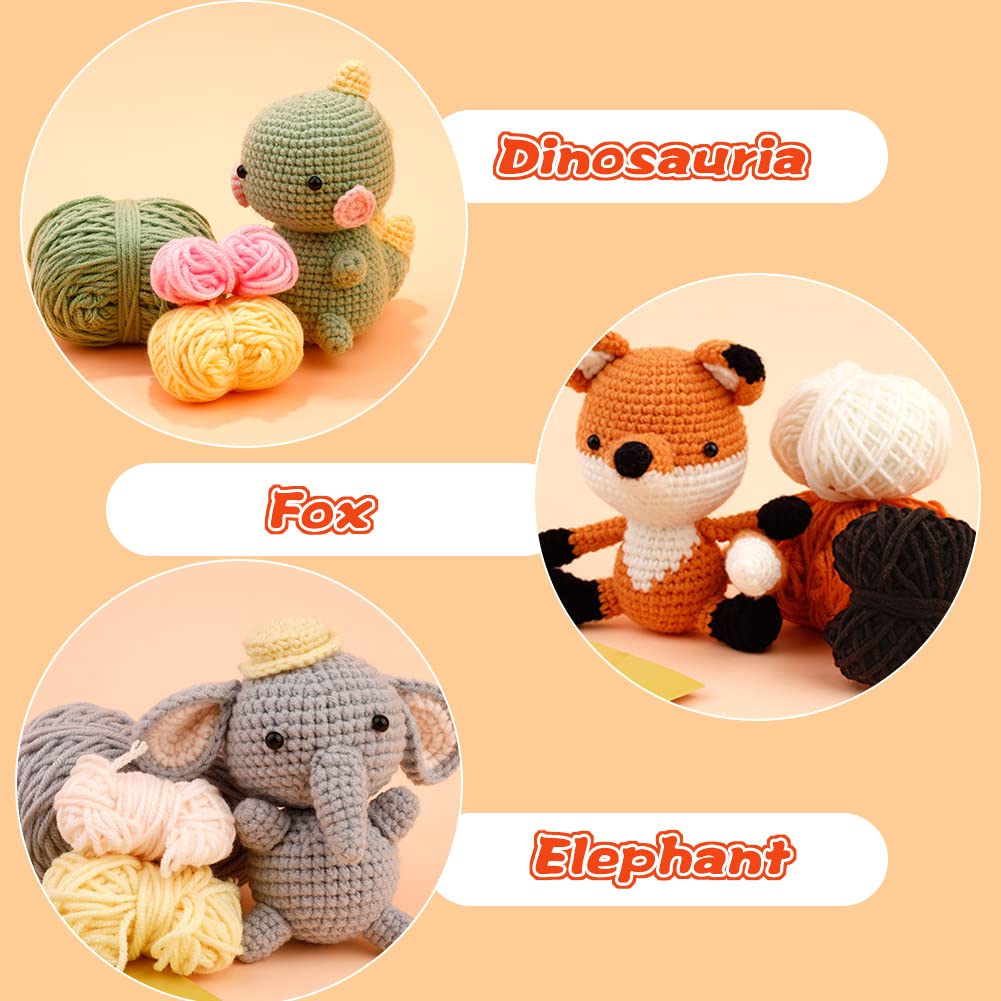 3 kits d'animaux au crochet à faire soi-même pour débutants : renard, éléphant et dinosaure