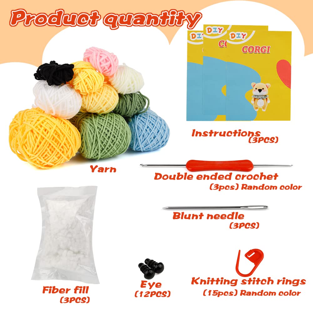 Kits de crochet DIY (3 pièces) pour débutants : Corgi, Dinosaure et Pingouin