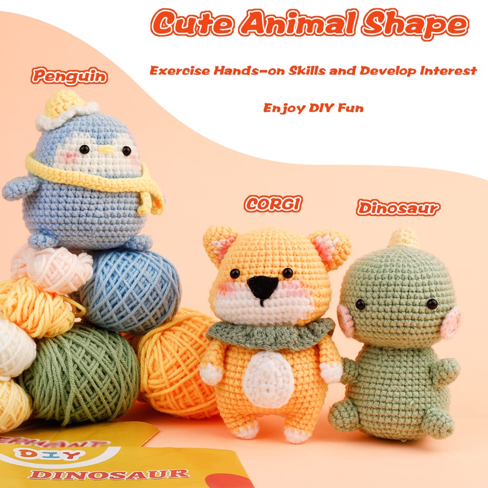 Kits de crochet DIY (3 pièces) pour débutants : Corgi, Dinosaure et Pingouin