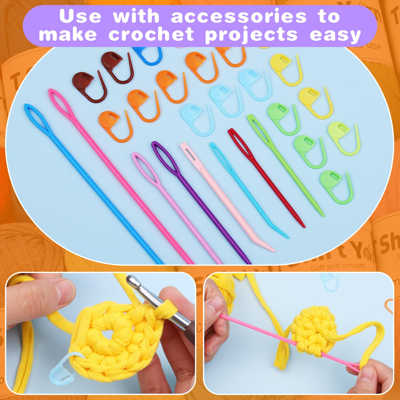 Lot de 4 pelotes de fil à crocheter pour t-shirts, 100 g de fil plat uni avec aiguilles à crocheter à chas en plastique tricoté - 12 couleurs