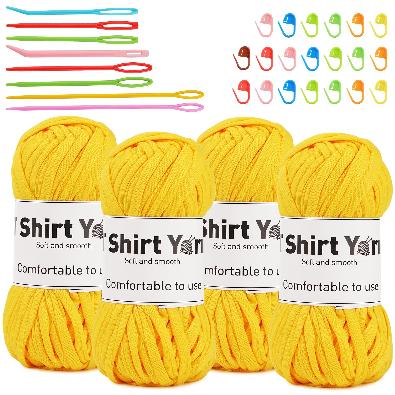 4 Pack T-Shirt Yarn Set, 3.5Oz Flat Crochet Yarn Soild Color with Knitted Plastic Eye Needles - 12 Colors