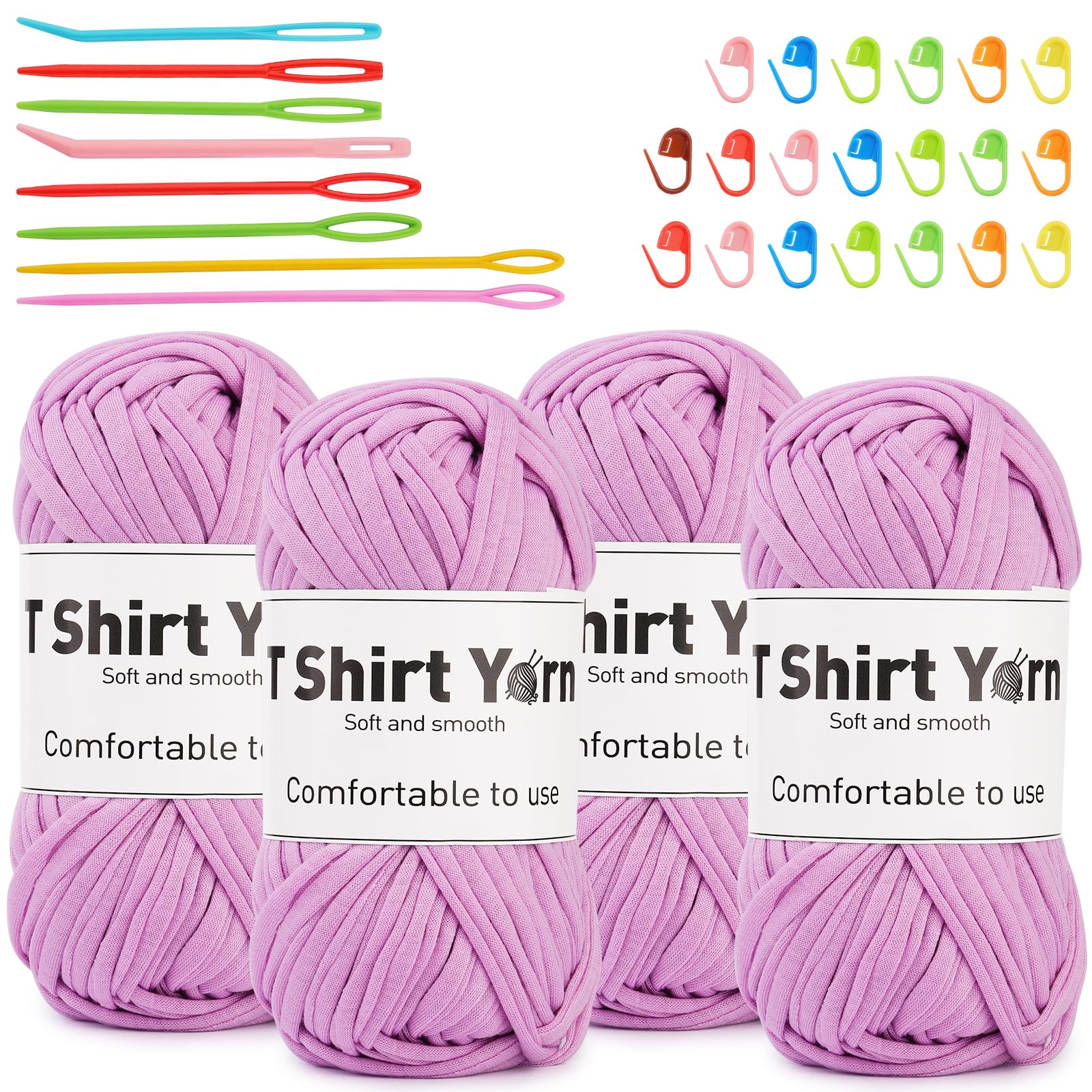 4 Pack T-Shirt Yarn Set, 3.5Oz Flat Crochet Yarn Soild Color with Knitted Plastic Eye Needles - 12 Colors