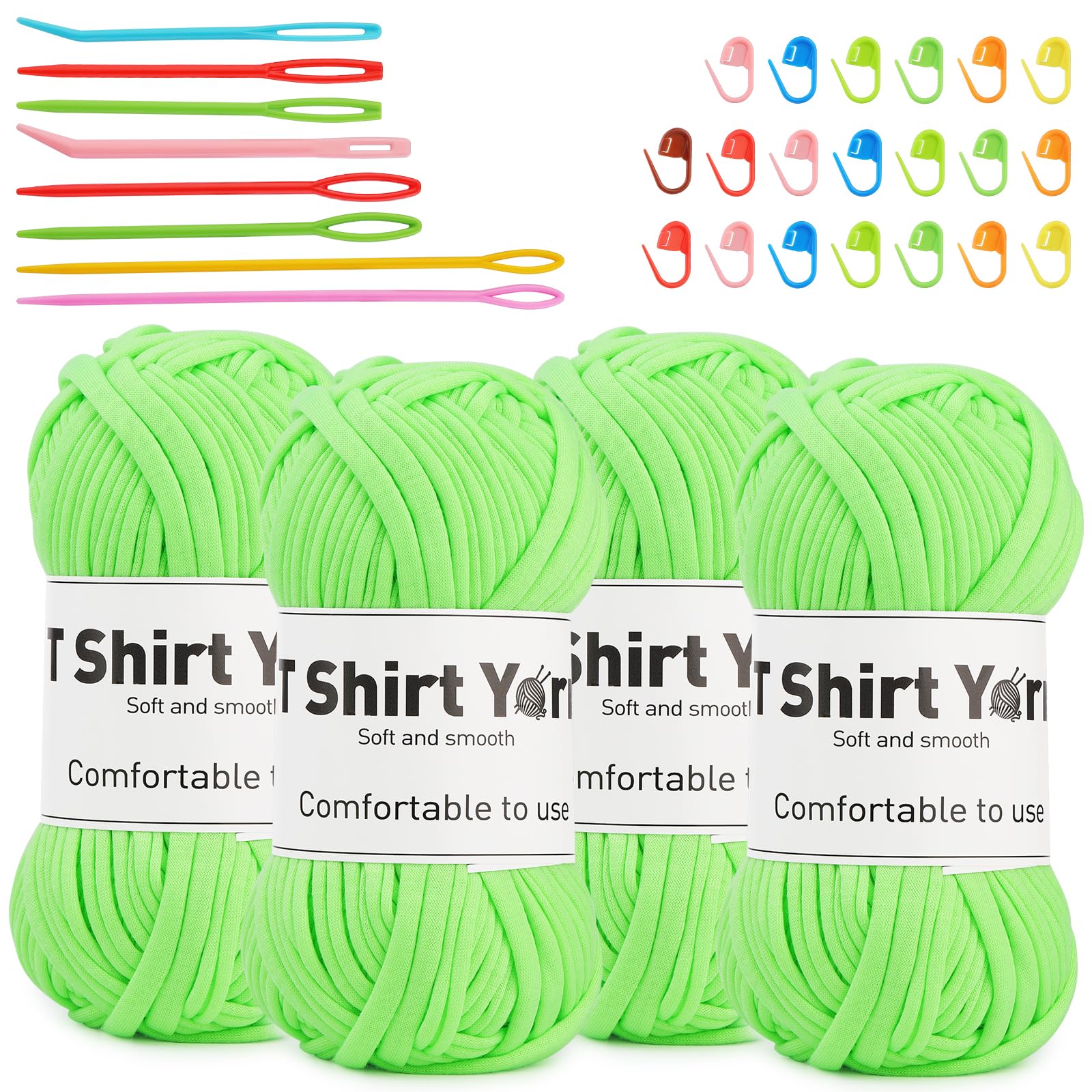 4 Pack T-Shirt Yarn Set, 3.5Oz Flat Crochet Yarn Soild Color with Knitted Plastic Eye Needles - 12 Colors