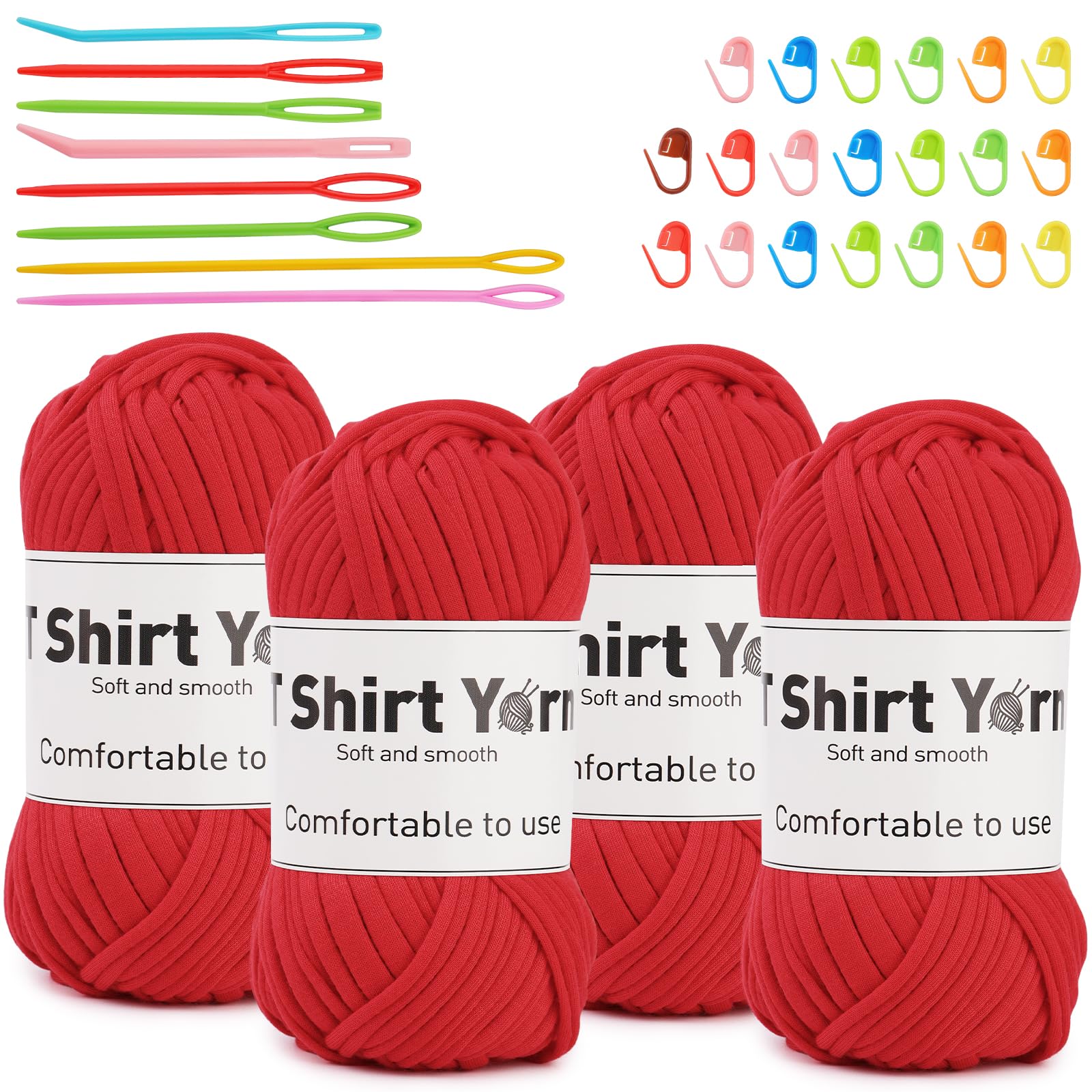 4 Pack T-Shirt Yarn Set, 3.5Oz Flat Crochet Yarn Soild Color with Knitted Plastic Eye Needles - 12 Colors