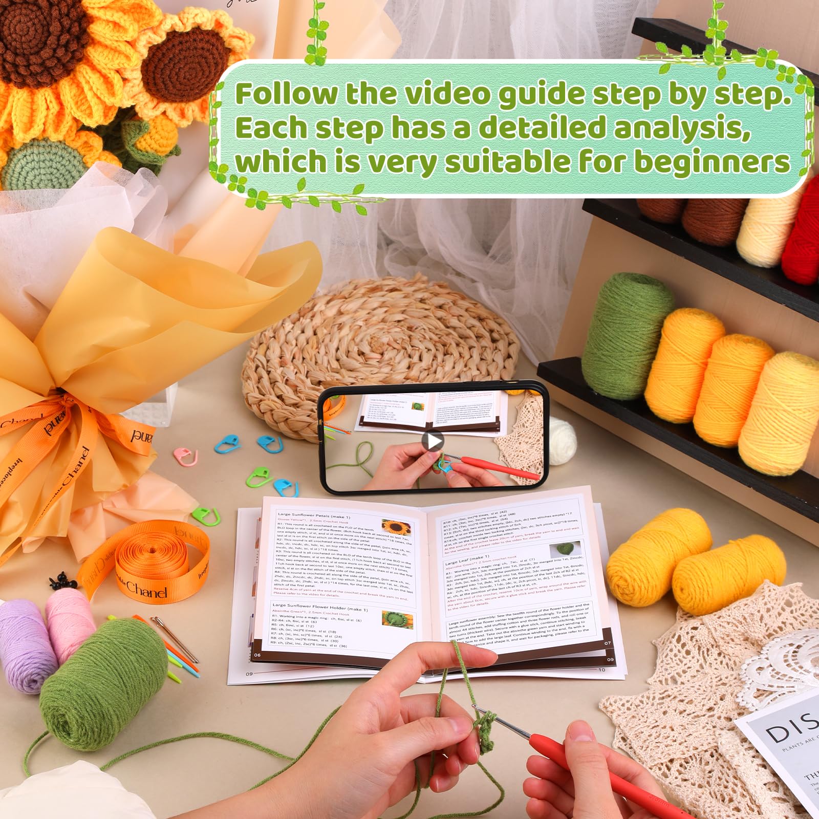 Kits de crochet pour débutants : bouquets de tournesols. Kit de tricot idéal pour la Saint-Valentin.