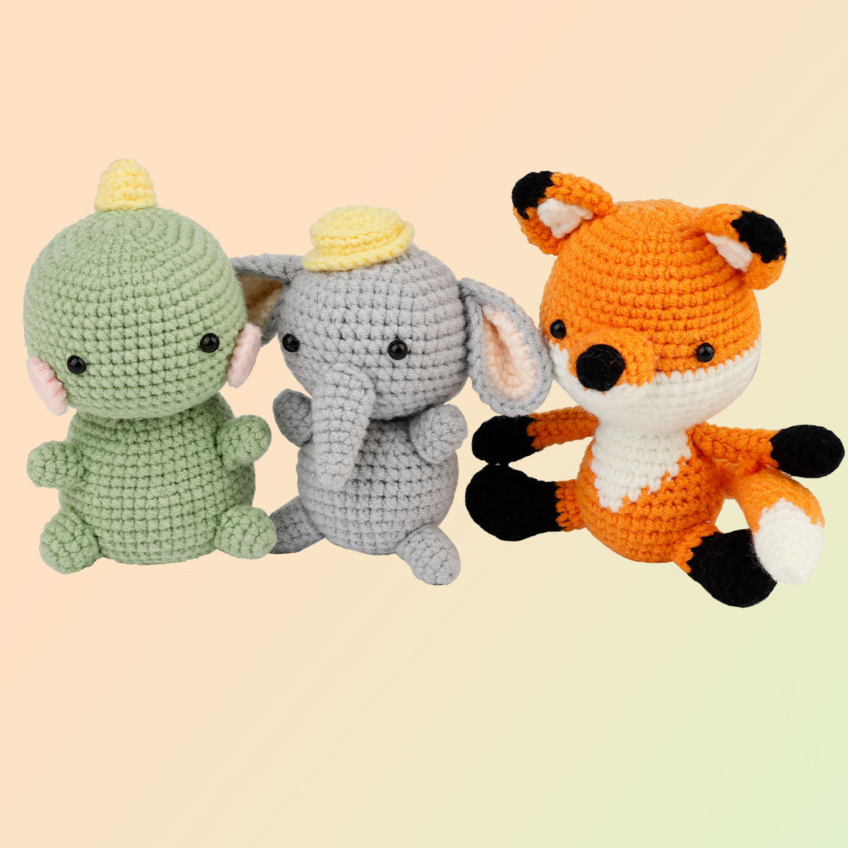 3 kits d'animaux au crochet à faire soi-même pour débutants : renard, éléphant et dinosaure