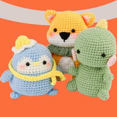 Kits de crochet DIY (3 pièces) pour débutants : Corgi, Dinosaure et Pingouin
