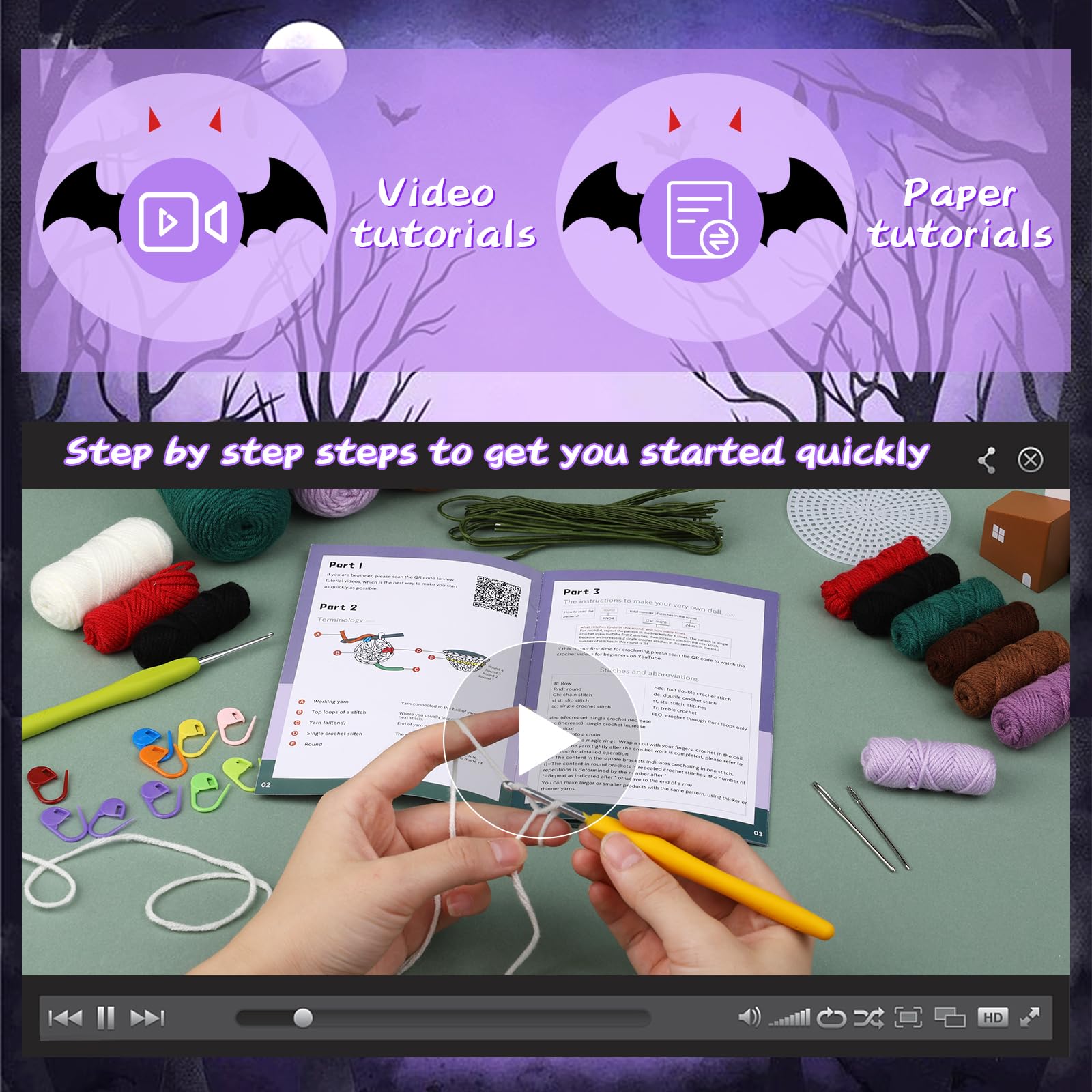 Kit de crochet pour débutants sur le thème des yeux maléfiques pour Halloween 