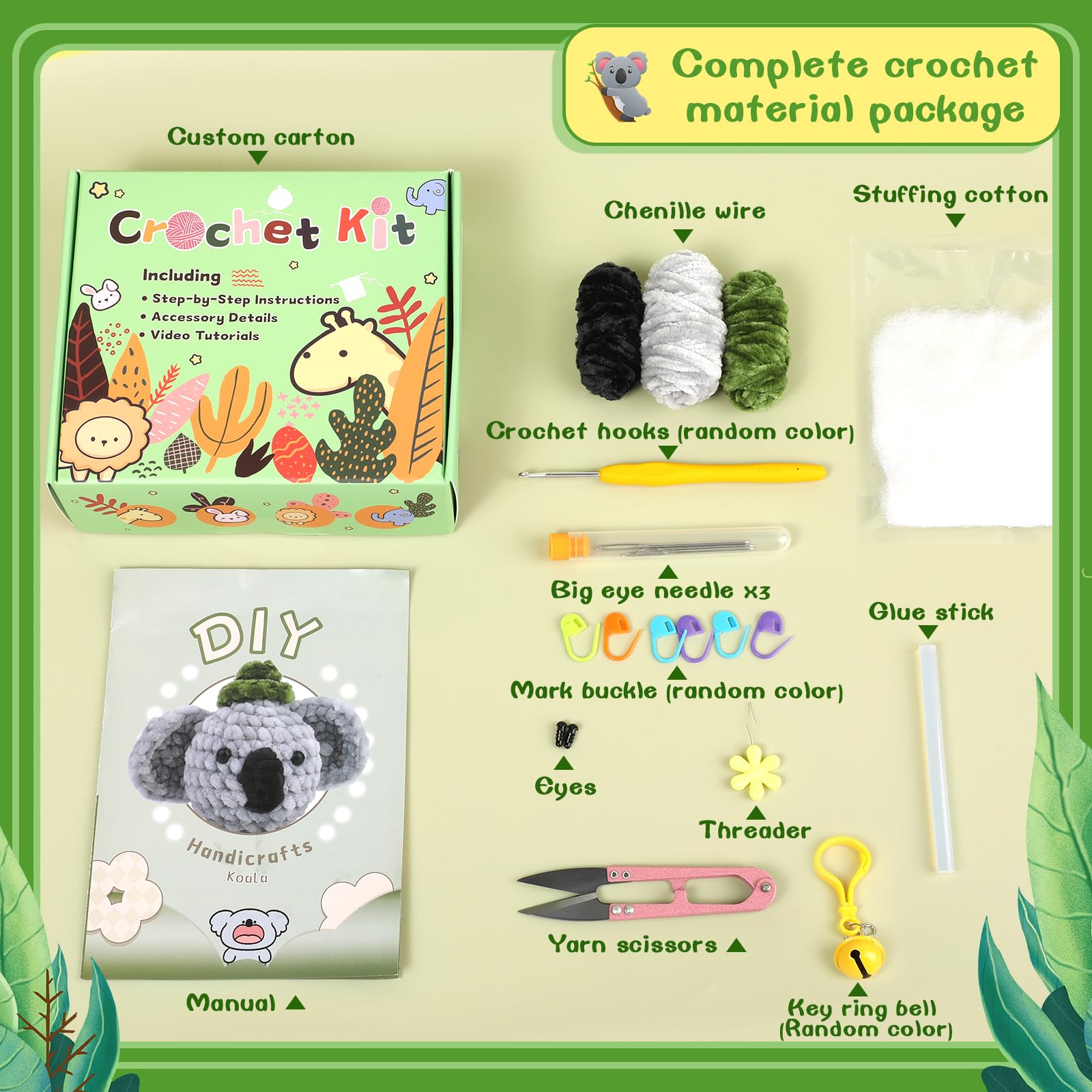 Kit de crochet Koala pour débutants, fil chenille 3 couleurs 