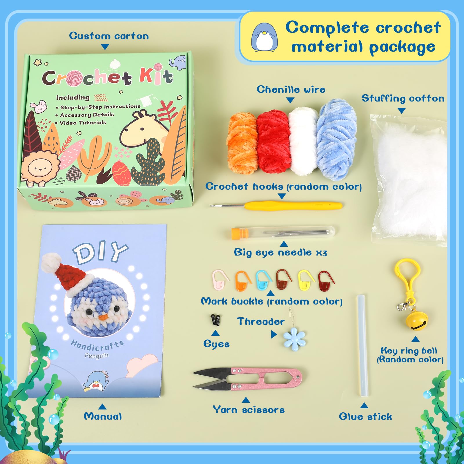 Kit de crochet pingouin pour débutants, fil chenille 3 couleurs 
