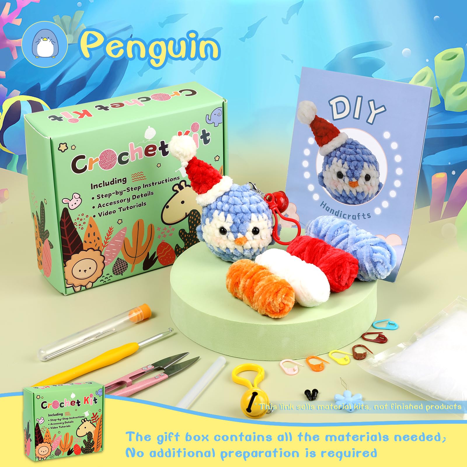 Kit de crochet pingouin pour débutants, fil chenille 3 couleurs 