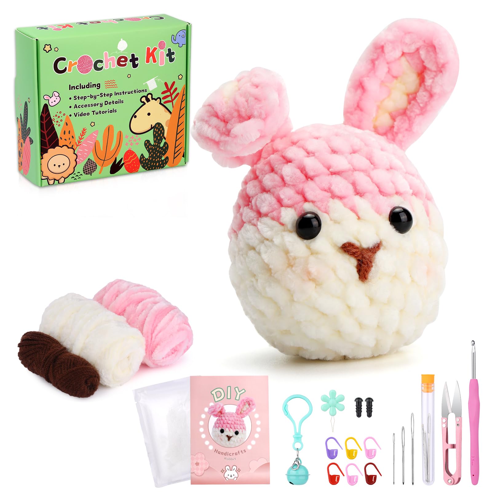 Kit de crochet lapin pour débutants, fil chenille 3 couleurs 