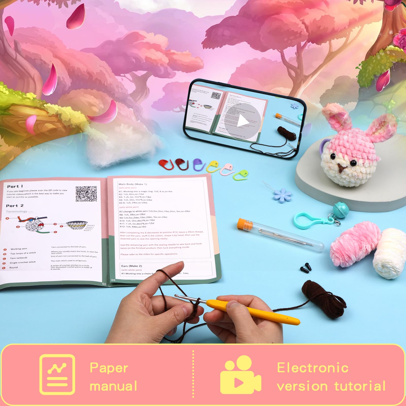 Kit de crochet lapin pour débutants, fil chenille 3 couleurs 