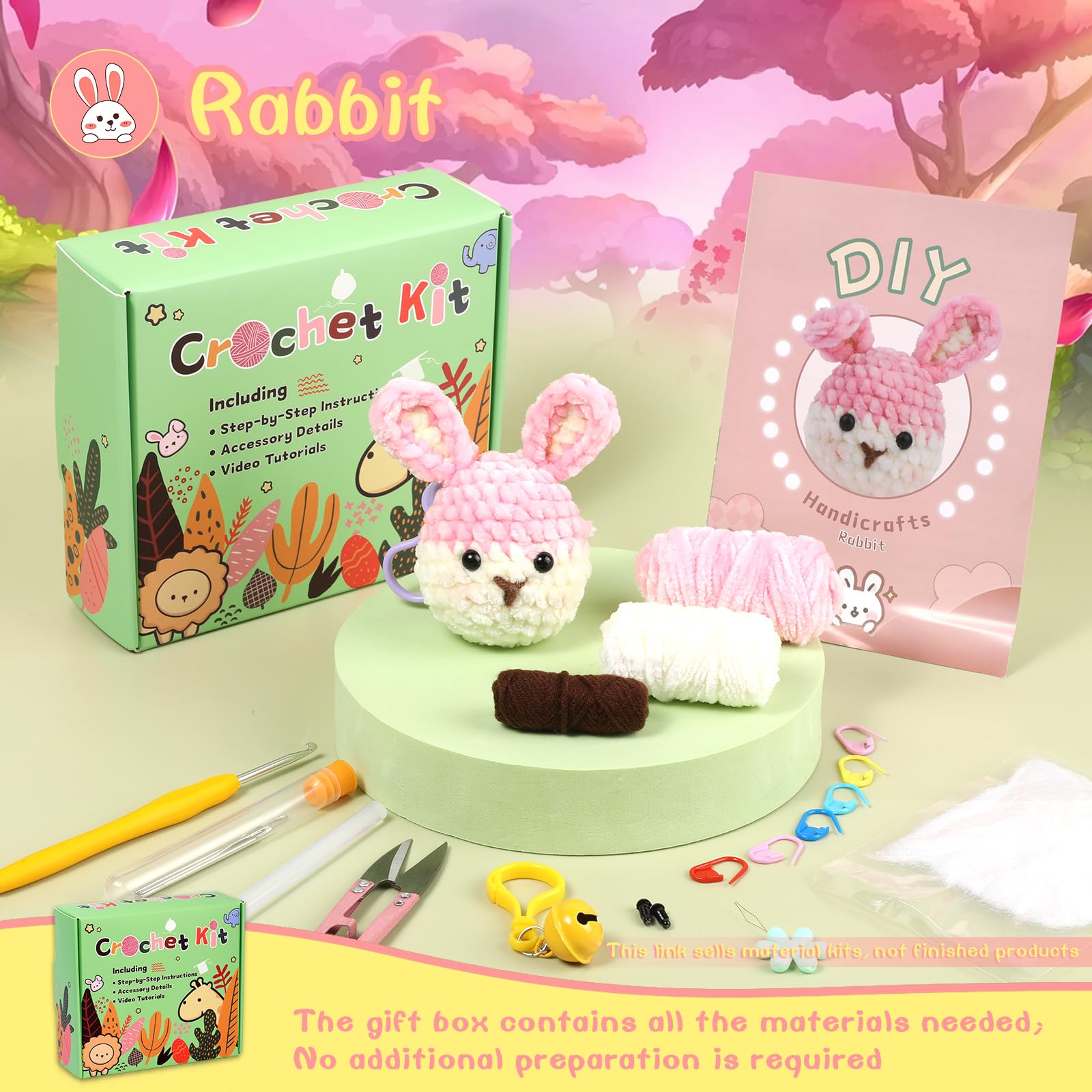 Kit de crochet lapin pour débutants, fil chenille 3 couleurs 