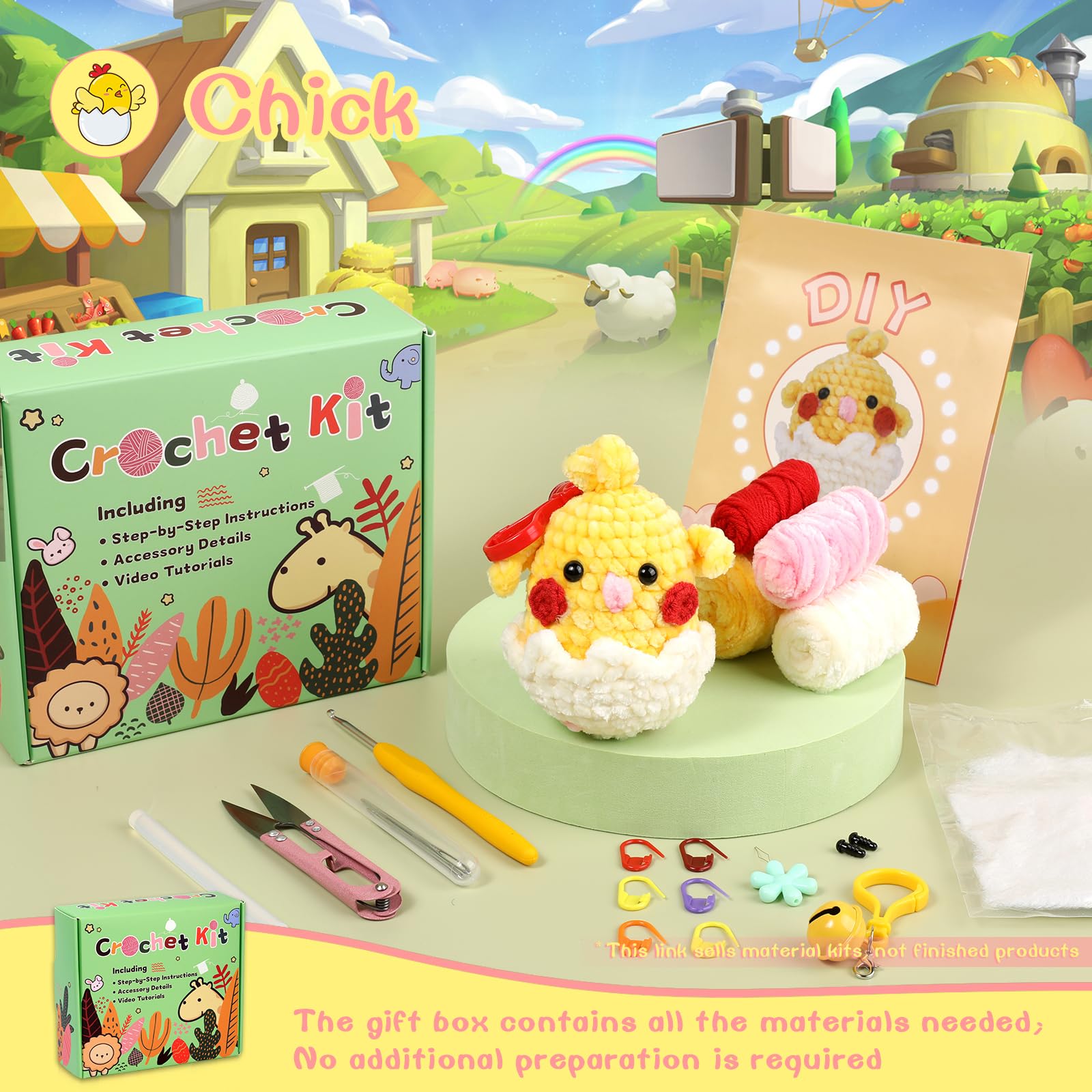 Kit de crochet poussin pour débutants, fil chenille 3 couleurs 