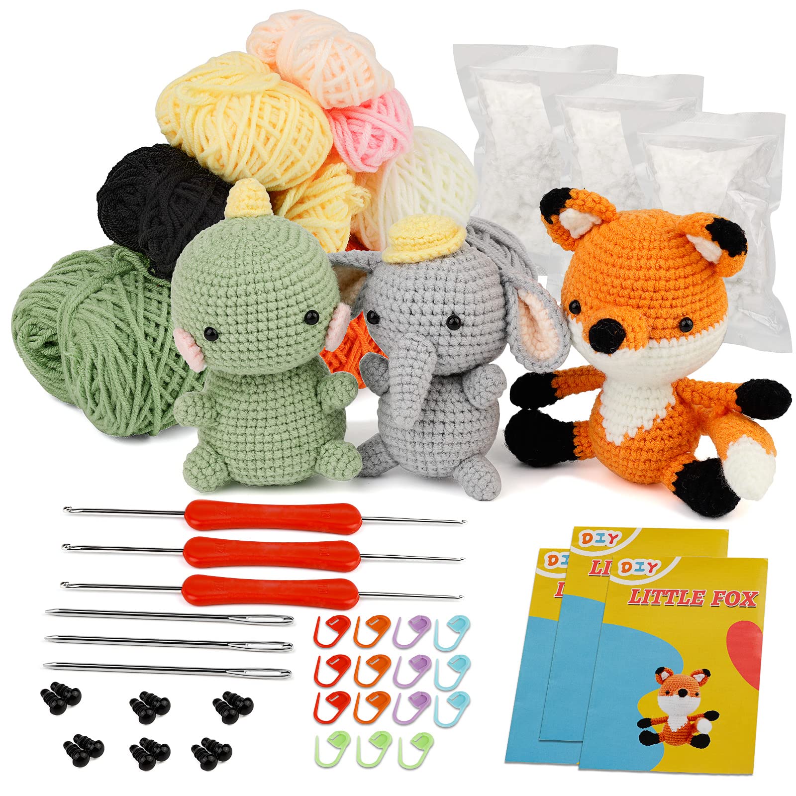 3 kits d'animaux au crochet à faire soi-même pour débutants : renard, éléphant et dinosaure