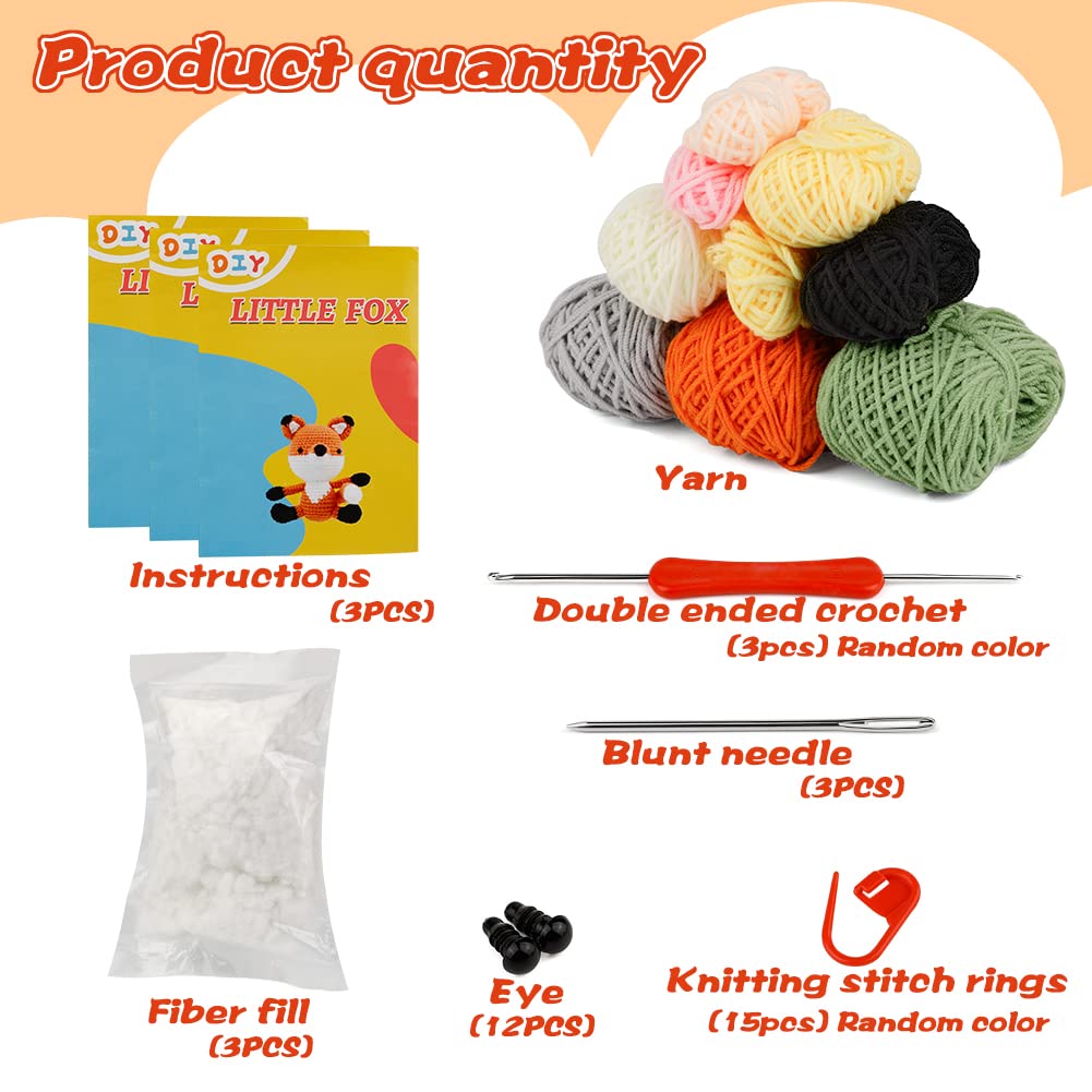 3 kits d'animaux au crochet à faire soi-même pour débutants : renard, éléphant et dinosaure