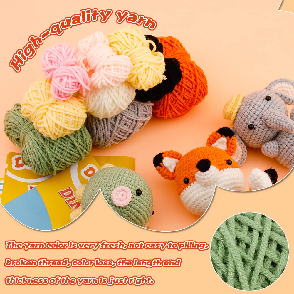 3 kits d'animaux au crochet à faire soi-même pour débutants : renard, éléphant et dinosaure