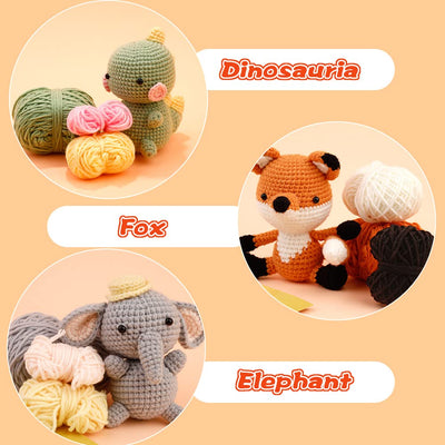 3 kits d'animaux au crochet à faire soi-même pour débutants : renard, éléphant et dinosaure