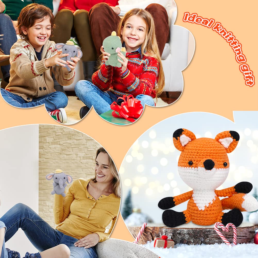 3 kits d'animaux au crochet à faire soi-même pour débutants : renard, éléphant et dinosaure
