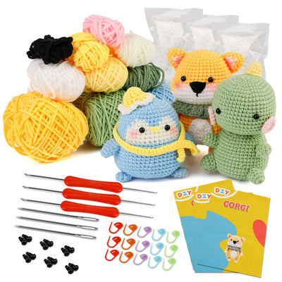Kits de crochet DIY (3 pièces) pour débutants : Corgi, Dinosaure et Pingouin