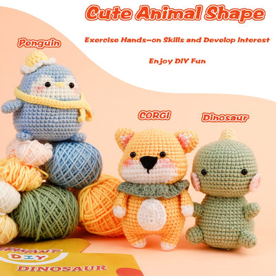 Kits de crochet DIY (3 pièces) pour débutants : Corgi, Dinosaure et Pingouin