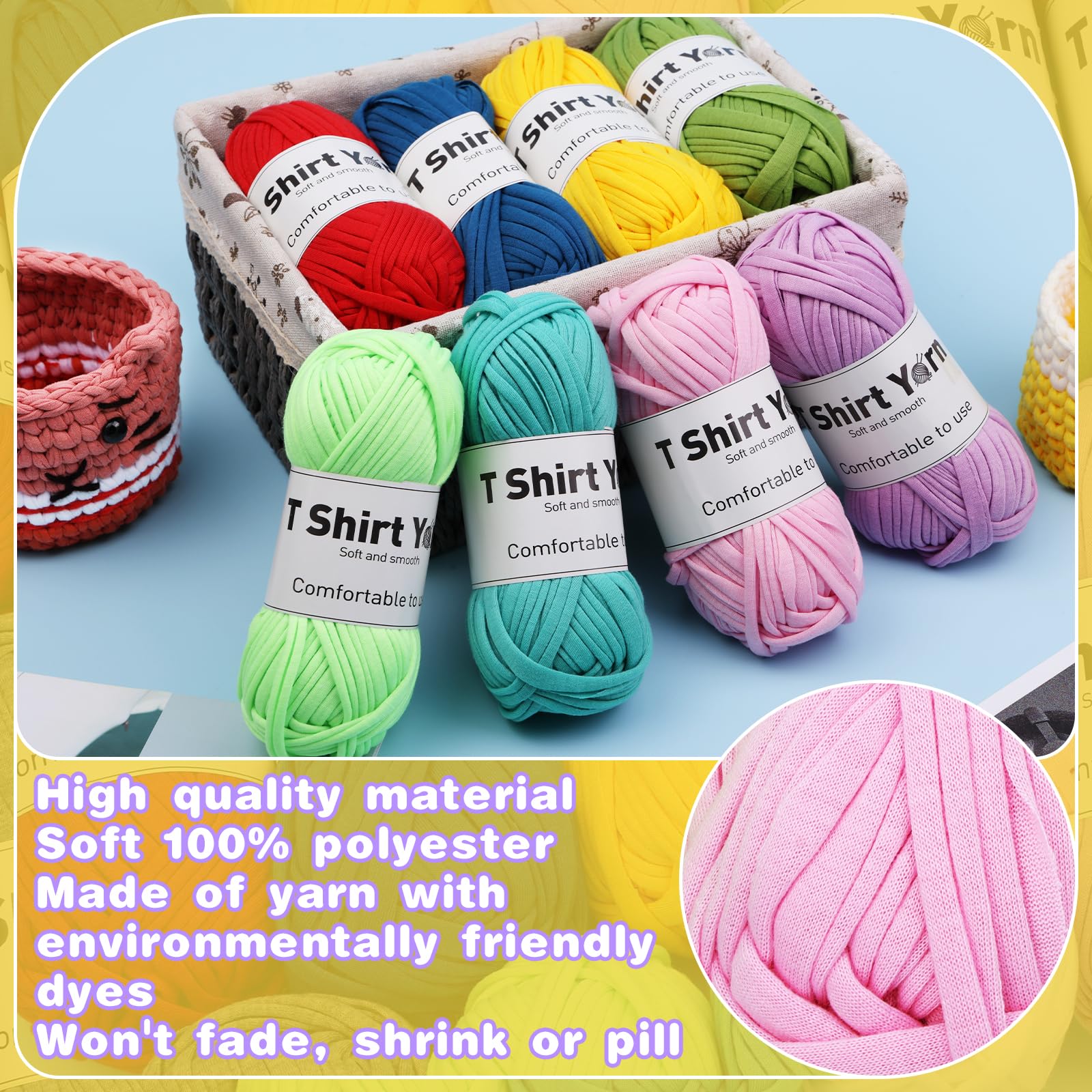 4 Pack T-Shirt Yarn Set, 3.5Oz Flat Crochet Yarn Soild Color with Knitted Plastic Eye Needles - 12 Colors