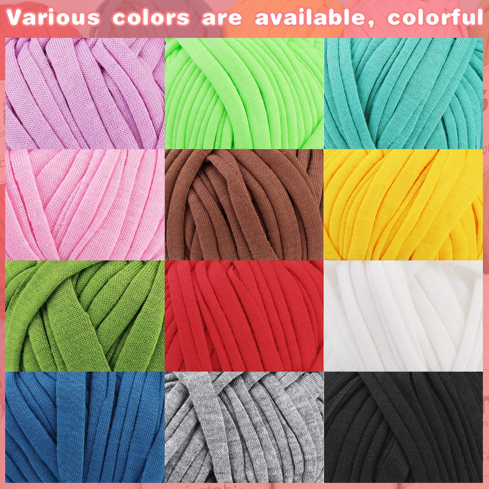 4 Pack T-Shirt Yarn Set, 3.5Oz Flat Crochet Yarn Soild Color with Knitted Plastic Eye Needles - 12 Colors