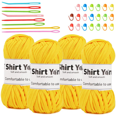 4 Pack T-Shirt Yarn Set, 3.5Oz Flat Crochet Yarn Soild Color with Knitted Plastic Eye Needles - 12 Colors