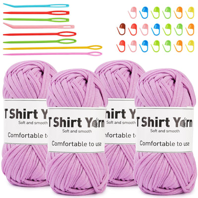 4 Pack T-Shirt Yarn Set, 3.5Oz Flat Crochet Yarn Soild Color with Knitted Plastic Eye Needles - 12 Colors