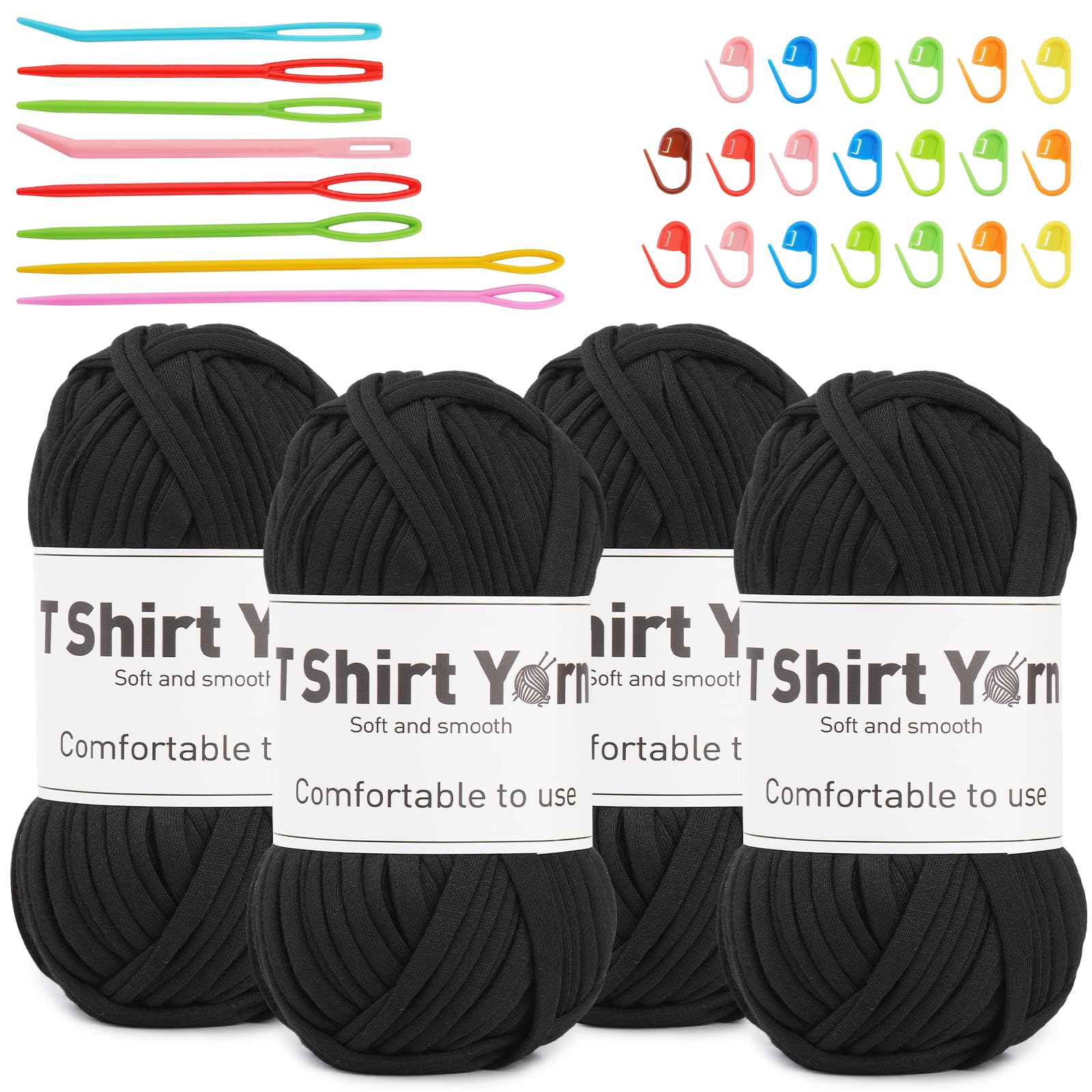4 Pack T-Shirt Yarn Set, 3.5Oz Flat Crochet Yarn Soild Color with Knitted Plastic Eye Needles - 12 Colors