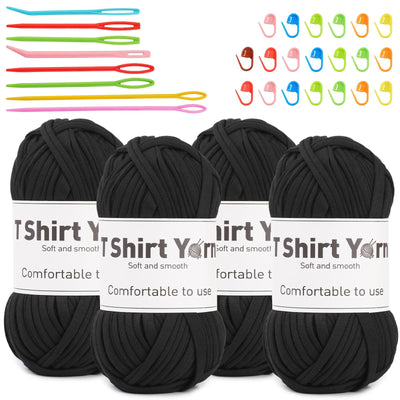 4 Pack T-Shirt Yarn Set, 3.5Oz Flat Crochet Yarn Soild Color with Knitted Plastic Eye Needles - 12 Colors