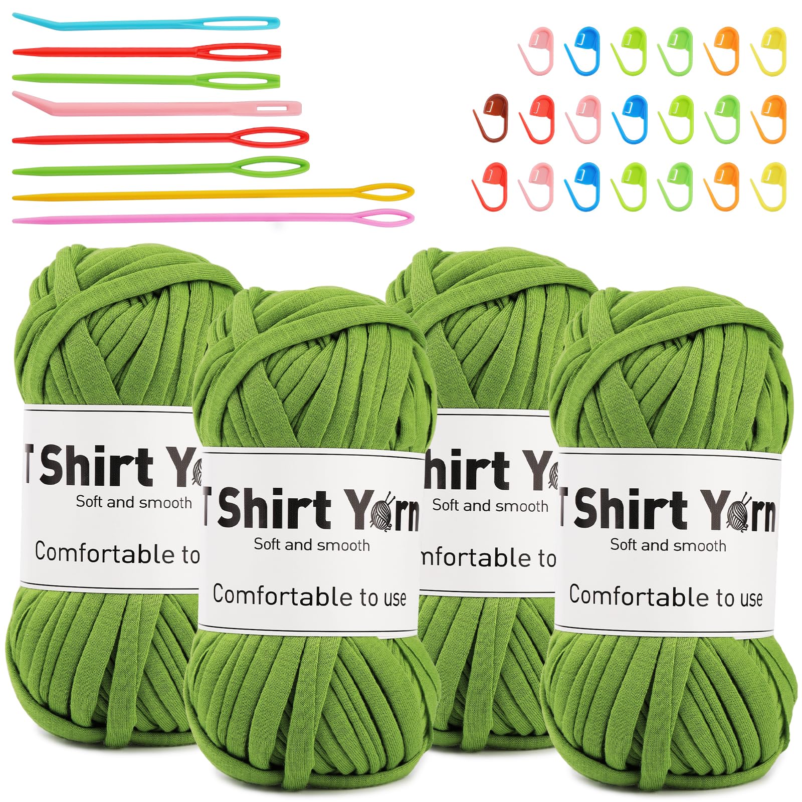 4 Pack T-Shirt Yarn Set, 3.5Oz Flat Crochet Yarn Soild Color with Knitted Plastic Eye Needles - 12 Colors