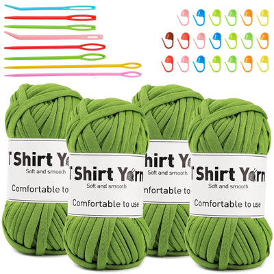 4 Pack T-Shirt Yarn Set, 3.5Oz Flat Crochet Yarn Soild Color with Knitted Plastic Eye Needles - 12 Colors