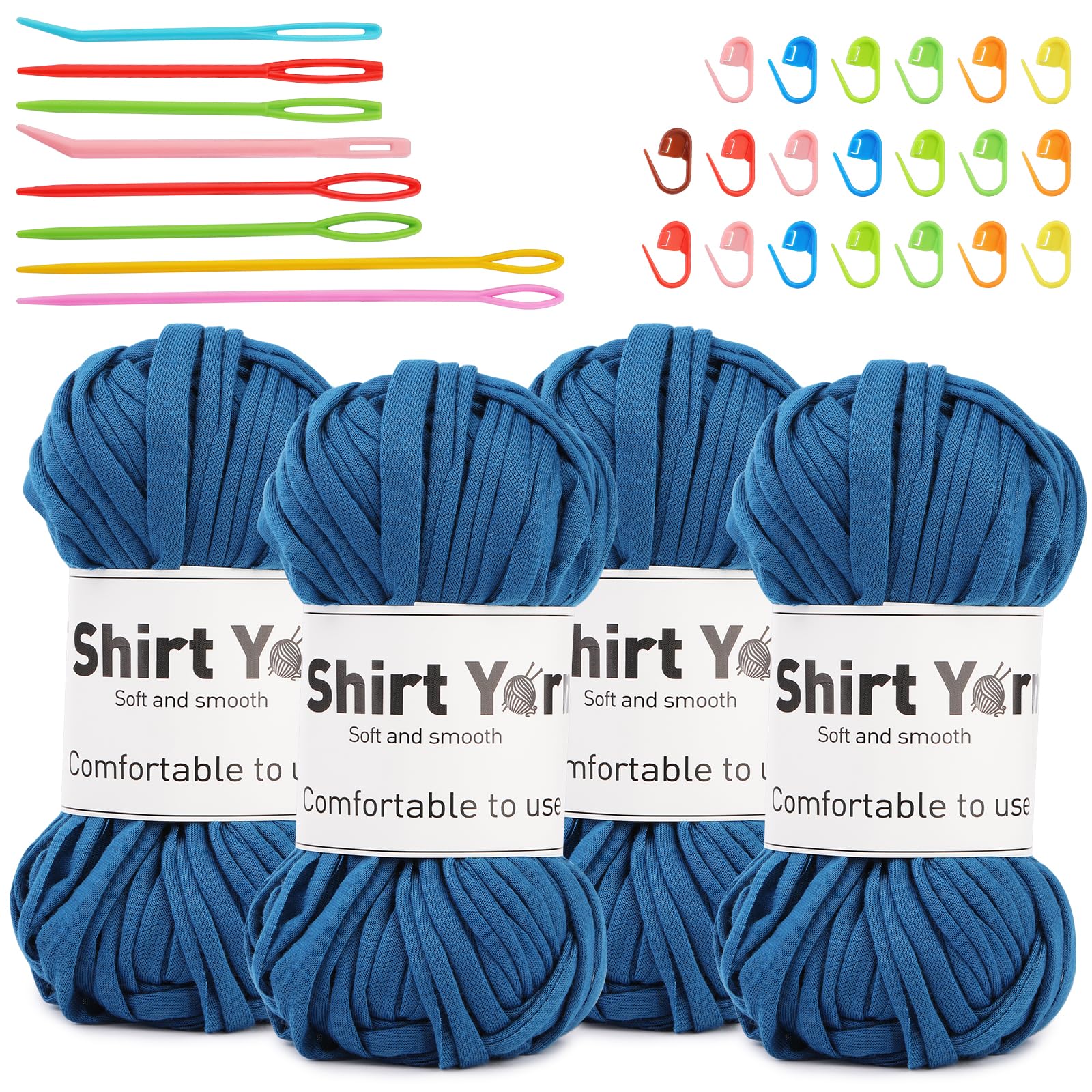 4 Pack T-Shirt Yarn Set, 3.5Oz Flat Crochet Yarn Soild Color with Knitted Plastic Eye Needles - 12 Colors