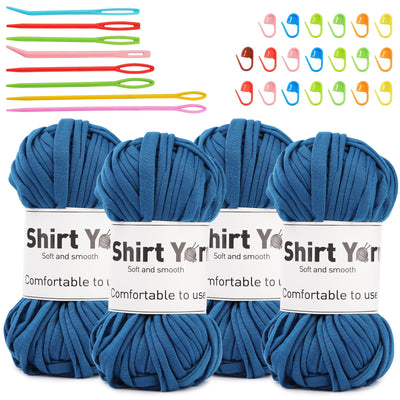 4 Pack T-Shirt Yarn Set, 3.5Oz Flat Crochet Yarn Soild Color with Knitted Plastic Eye Needles - 12 Colors