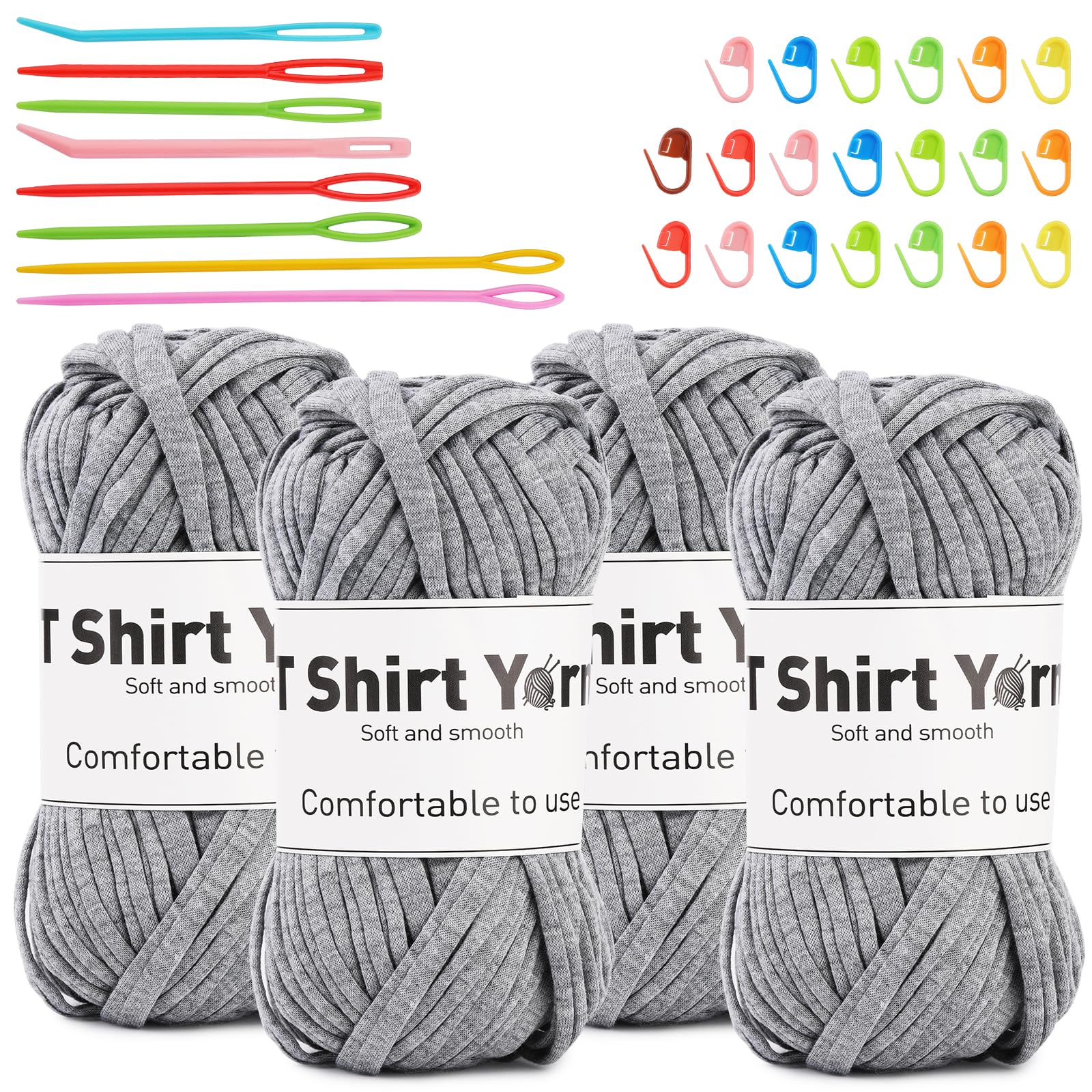 4 Pack T-Shirt Yarn Set, 3.5Oz Flat Crochet Yarn Soild Color with Knitted Plastic Eye Needles - 12 Colors
