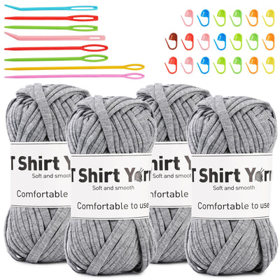 4 Pack T-Shirt Yarn Set, 3.5Oz Flat Crochet Yarn Soild Color with Knitted Plastic Eye Needles - 12 Colors