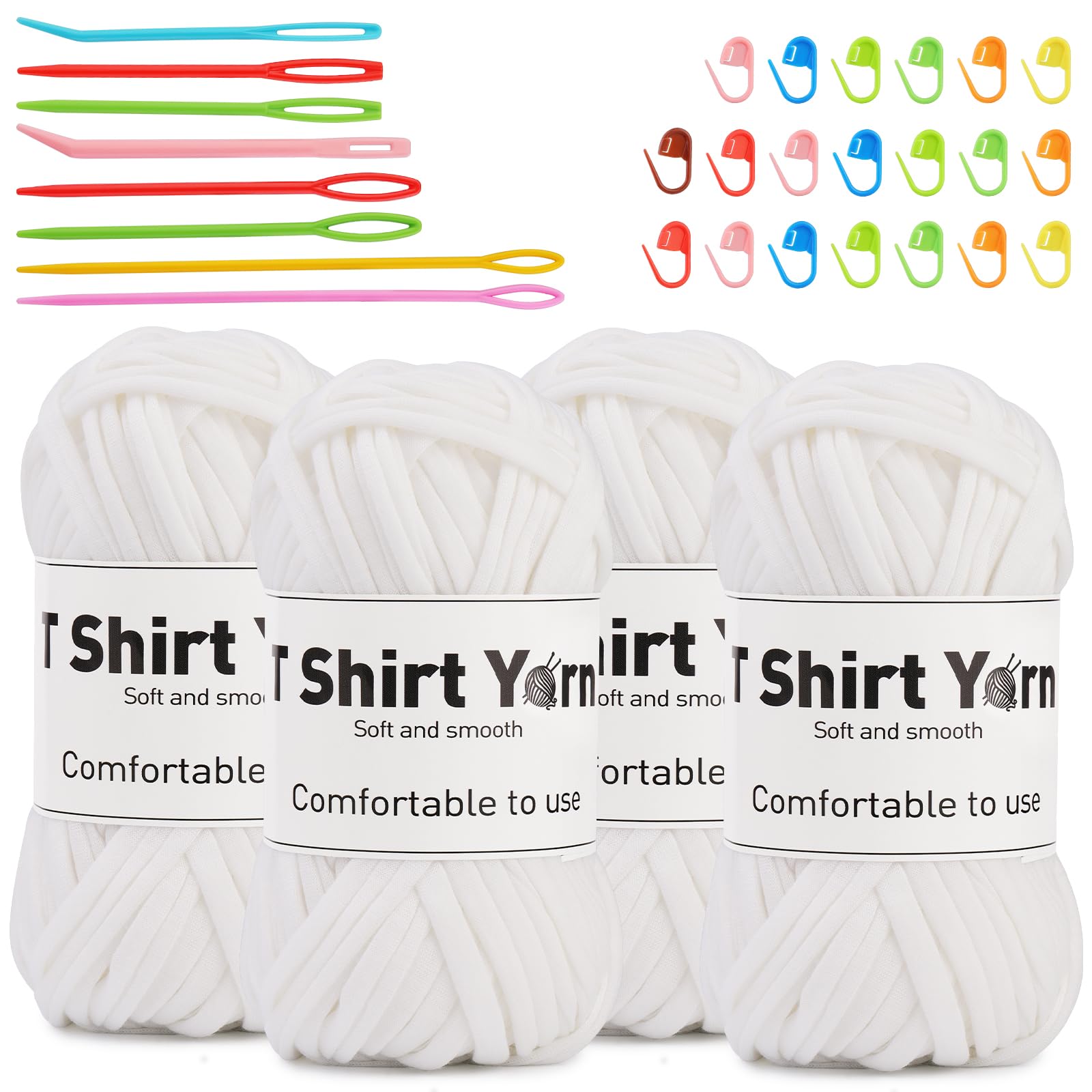 4 Pack T-Shirt Yarn Set, 3.5Oz Flat Crochet Yarn Soild Color with Knitted Plastic Eye Needles - 12 Colors