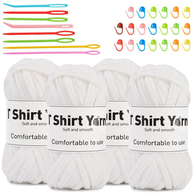4 Pack T-Shirt Yarn Set, 3.5Oz Flat Crochet Yarn Soild Color with Knitted Plastic Eye Needles - 12 Colors