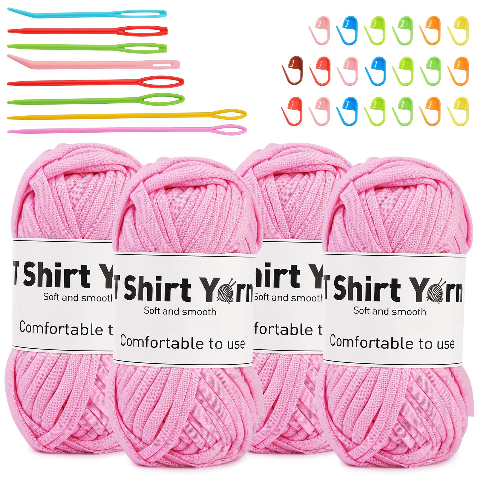 4 Pack T-Shirt Yarn Set, 3.5Oz Flat Crochet Yarn Soild Color with Knitted Plastic Eye Needles - 12 Colors