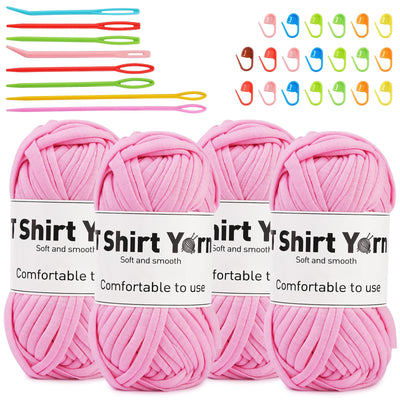 4 Pack T-Shirt Yarn Set, 3.5Oz Flat Crochet Yarn Soild Color with Knitted Plastic Eye Needles - 12 Colors