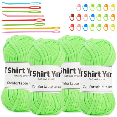4 Pack T-Shirt Yarn Set, 3.5Oz Flat Crochet Yarn Soild Color with Knitted Plastic Eye Needles - 12 Colors