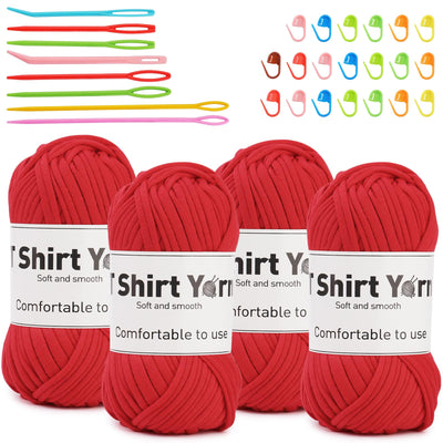 4 Pack T-Shirt Yarn Set, 3.5Oz Flat Crochet Yarn Soild Color with Knitted Plastic Eye Needles - 12 Colors
