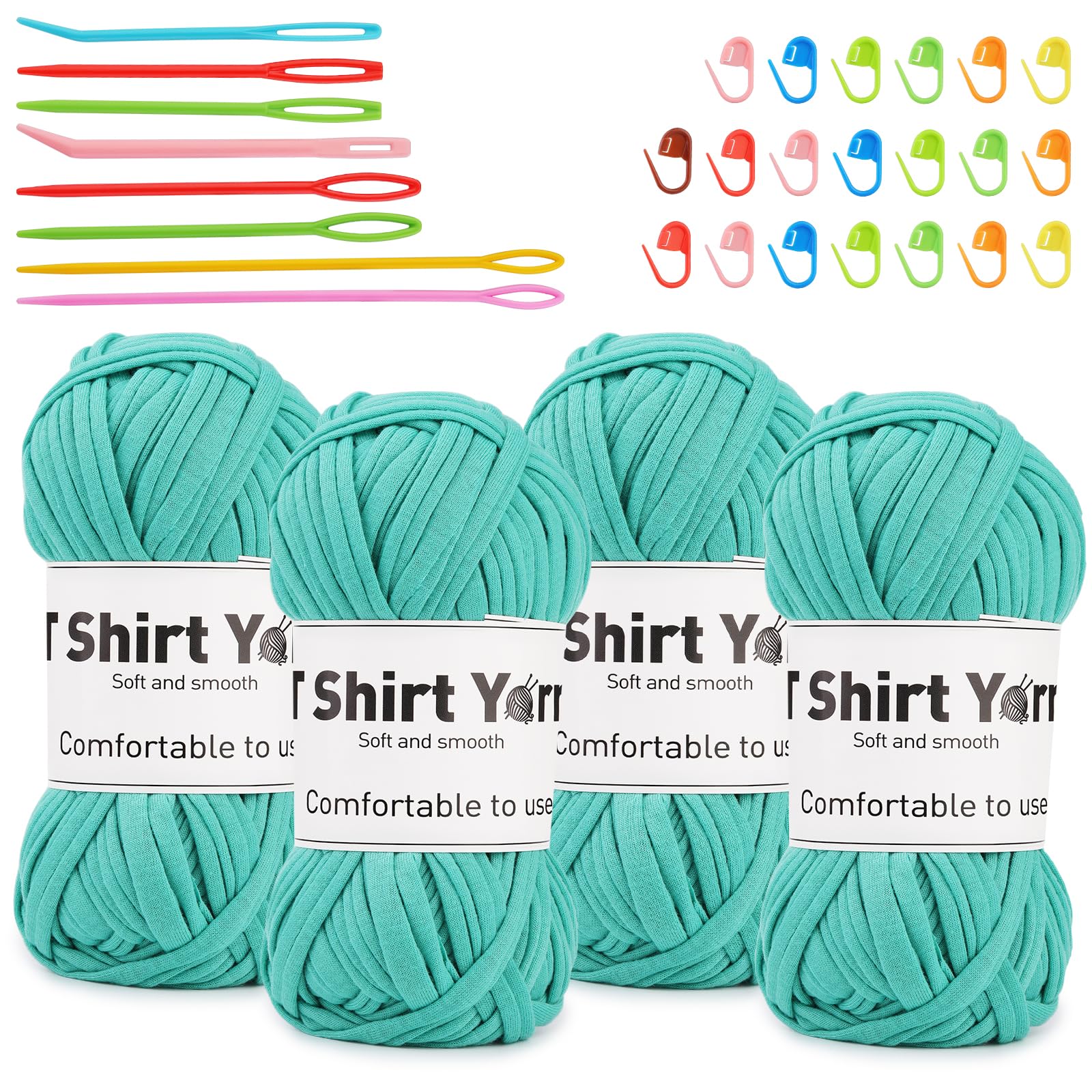 4 Pack T-Shirt Yarn Set, 3.5Oz Flat Crochet Yarn Soild Color with Knitted Plastic Eye Needles - 12 Colors
